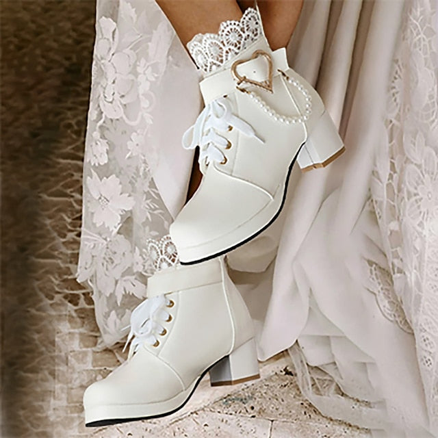 Ankle Women's – Wedding Bridal Lace-Up White Boots Shoes