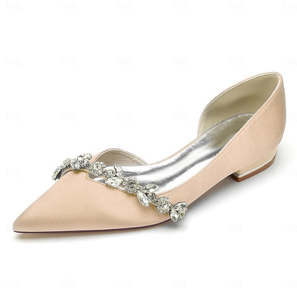 Toe White Shoes with Pointed Wedding Satin Flat and Crystal