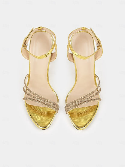 Women Sandals Rhinestone-Embellished Gold Stiletto for Open-Toe