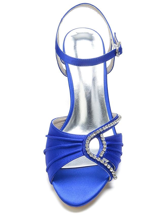 Women's Satin Blue Sandals Heeled Navy Rhinestone –
