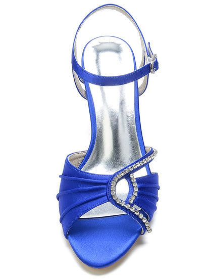 Women's Satin Blue Sandals Heeled Navy Rhinestone –
