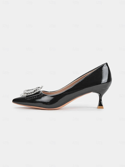Black Women's with Leather Crystal Pumps Embellished Patent