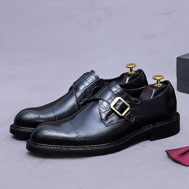 Genuine Leather Strap Black First Dress Monk Men's Shoes-