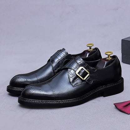 Genuine Leather Strap Black First Dress Monk Men's Shoes-