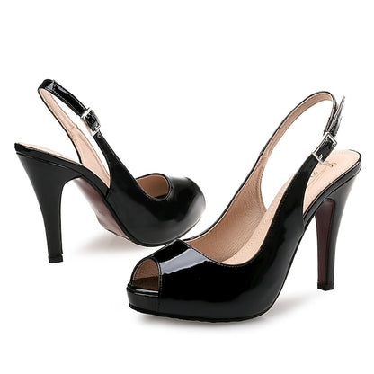 High Heels Slingback Black Leather Women's Peep-Toe Patent