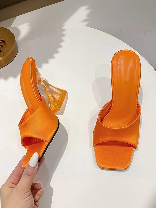 Mules Green with Transparent Satin Block Heels Open-Toe for