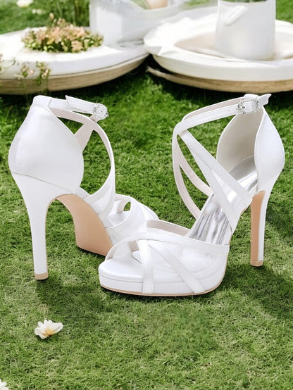 Sandals Bridal High Heel Straps with Satin - Cross Perfect White