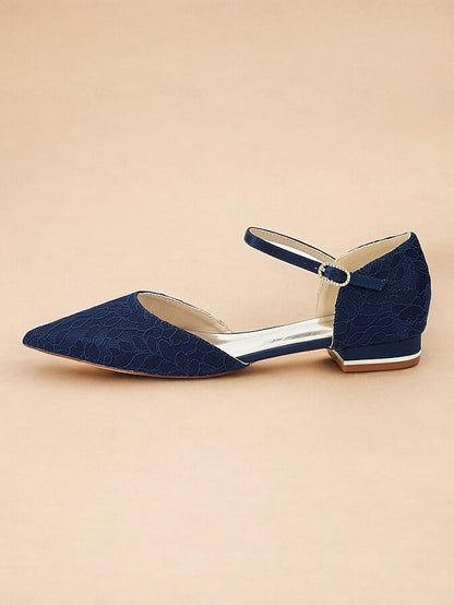 and Blue Pointed Women's Flats with Ankle Strap Lace Navy