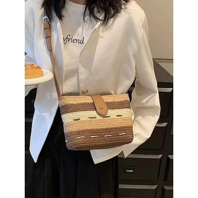 Sac fourre-tout en paille tissée marron à rayures et colorblock pour femme