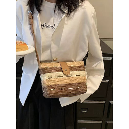 Sac fourre-tout en paille tissée marron à rayures et colorblock pour femme
