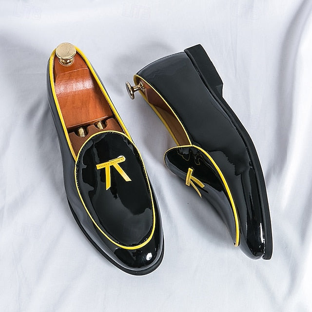 Leather Black Men's Patent Yellow Trim Loafers Faux with