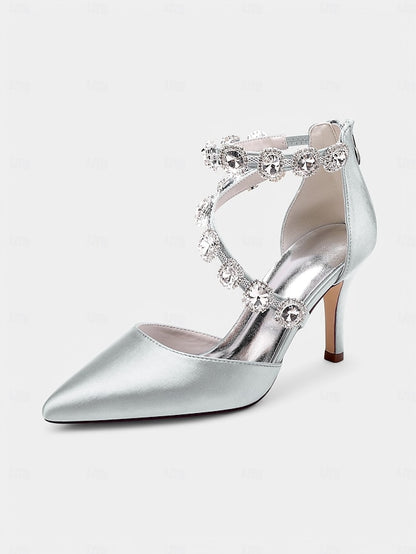 Satin Ankle Heels Crystal with Women's Purple Stiletto
