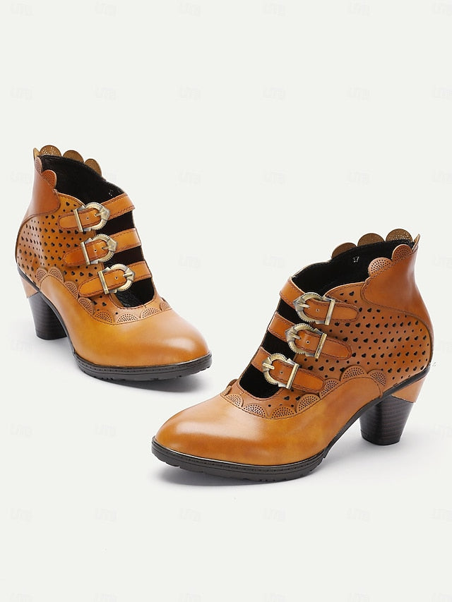 Boots Perforated Buckle Brown Women's - Vintage Strap Ankle