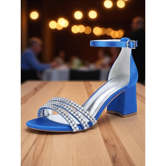 Purple Block with Heel Rhinestone Satin Sandals Women's