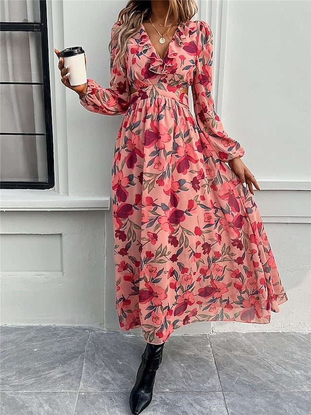 Women's Floral V Neck Maxi Dress Long Sleeve Summer Spring