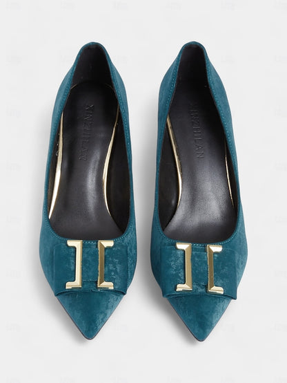 Teal Toe Heel - Pumps Elegant Kitten Pointed Velvet Women's
