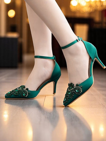 Women's Strap Green – Emerald Pointed Heels Satin Ankle