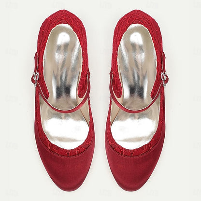 Mid-Heel Women's Comfortable - Lace Satin Heels Red Elegant