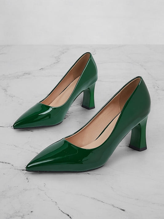 Pumps Patent Faux Pointed-Toe Heel Glossy Leather Green Block