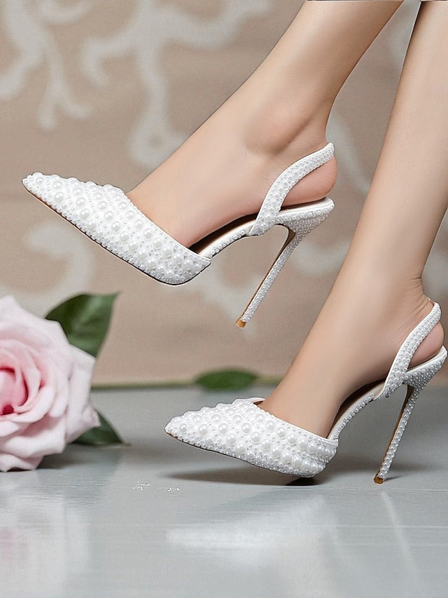 Heels - Slingback Leather White Women's Pearl-Embellished