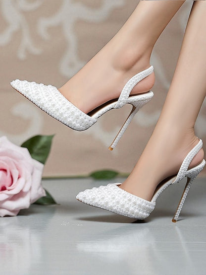 Heels - Slingback Leather White Women's Pearl-Embellished