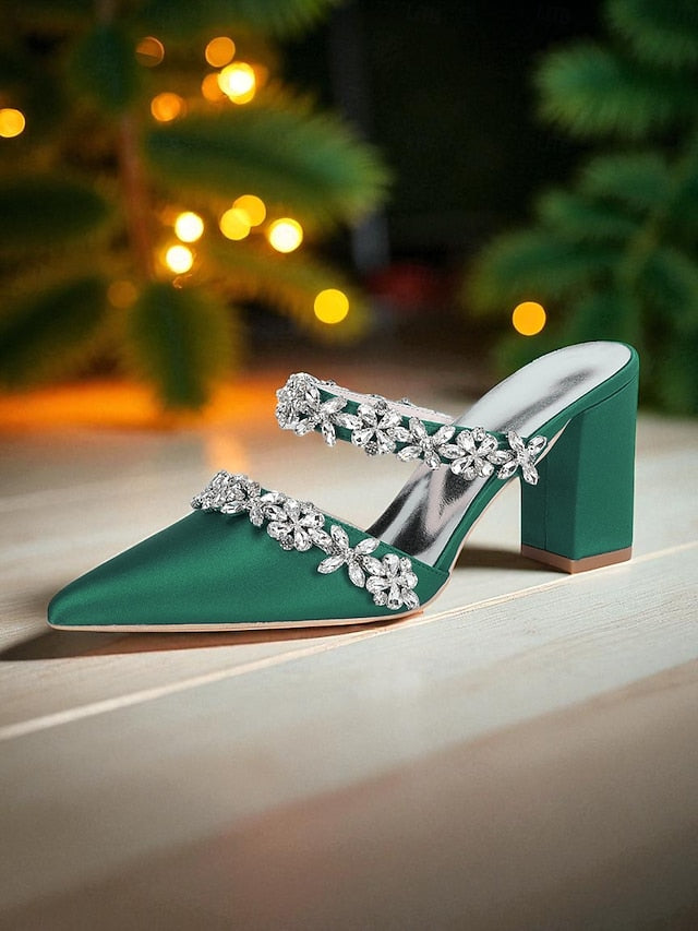 Floral Black Women's Block with Mules Rhinestone Heel Satin