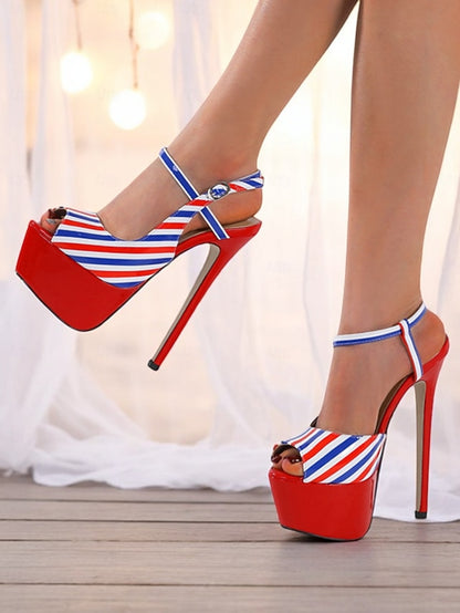 White Platform Red and Striped Blue Stiletto Heels Women's