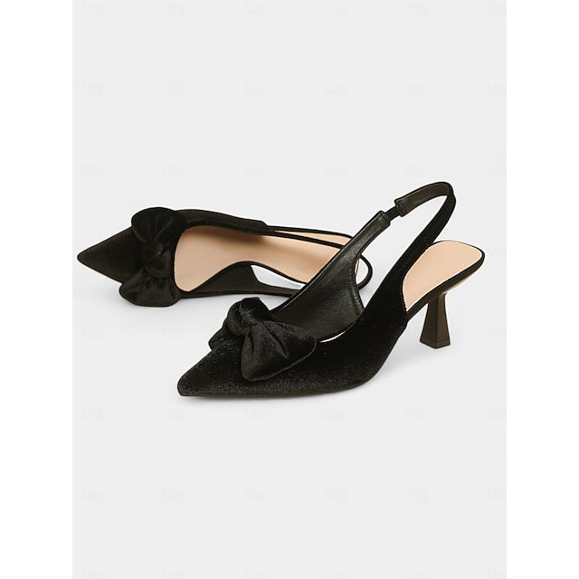 Women's Bow Pointed Velvet Heels Slingback Toe with Blue