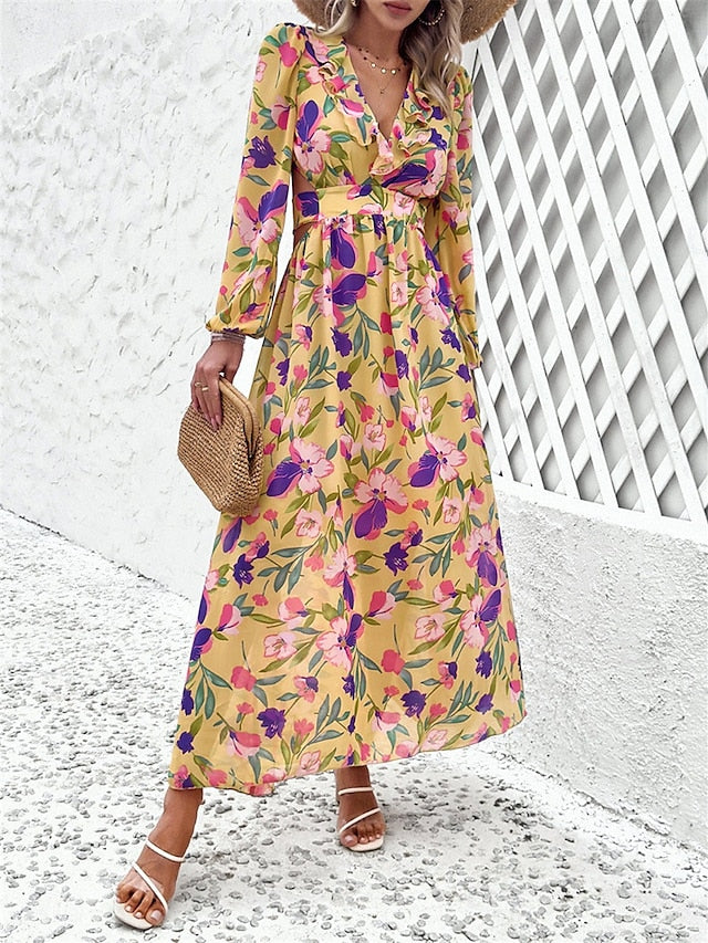 Women's Floral V Neck Maxi Dress Long Sleeve Summer Spring