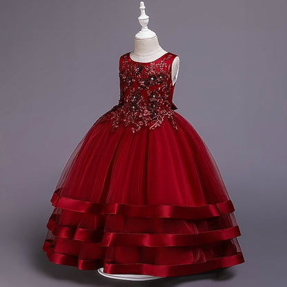 Wedding Girls' Colored Solid Sleeveless Party Kids Dress