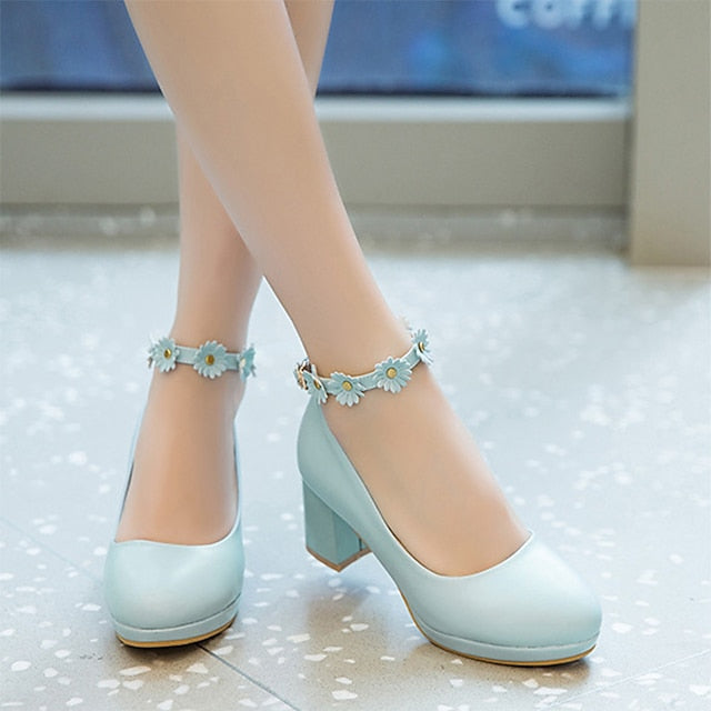Ankle Daisy Block Heel Flower with Girls' White Shoes