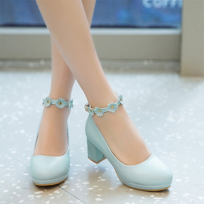 Ankle Daisy Block Heel Flower with Girls' White Shoes