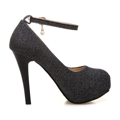 Women's Stiletto Heels with Ankle Glitter Platform Silver
