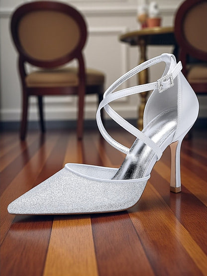 Women's - Ankle Strap Glitter Elegant Silver Stiletto Heels