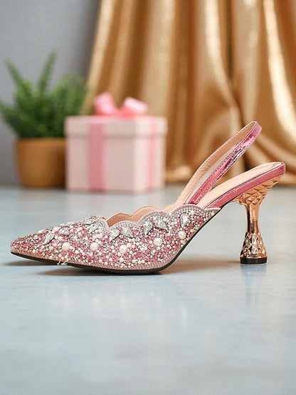 Pointed Pink Rhinestone Women's Toe Heels - Party Slingback