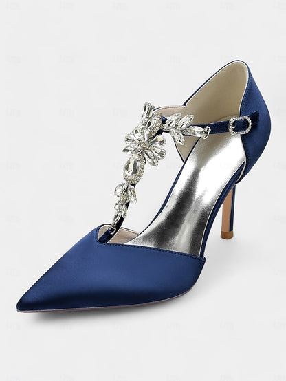 Blue – Satin Pointed Toe Heels Navy T-Strap Women's