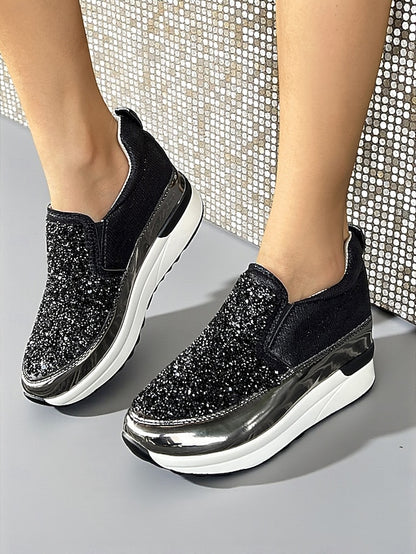 Glitter Sneakers with Slip-On Women's Black Metallic