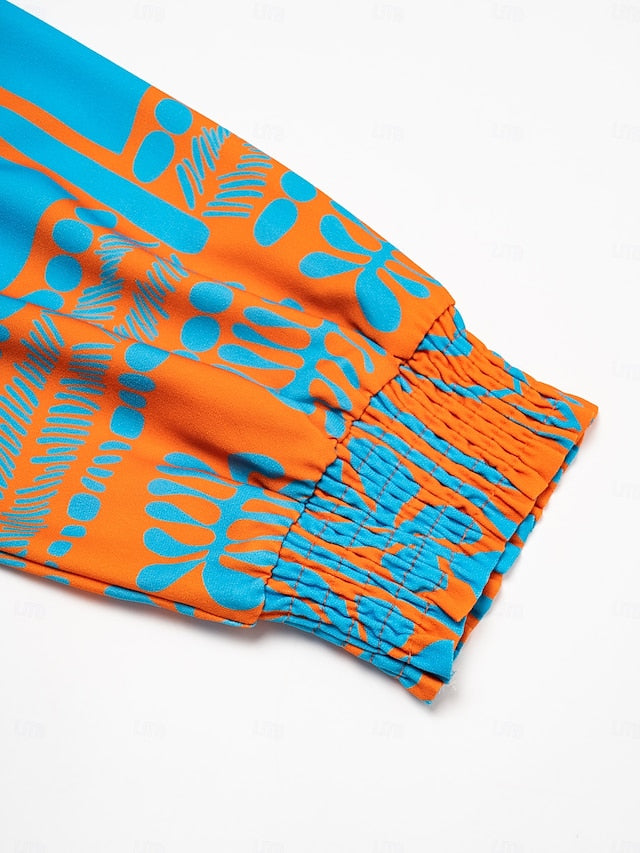 Plants Linear Button Up Crew Neck Ethnic Casual Maxi Dress