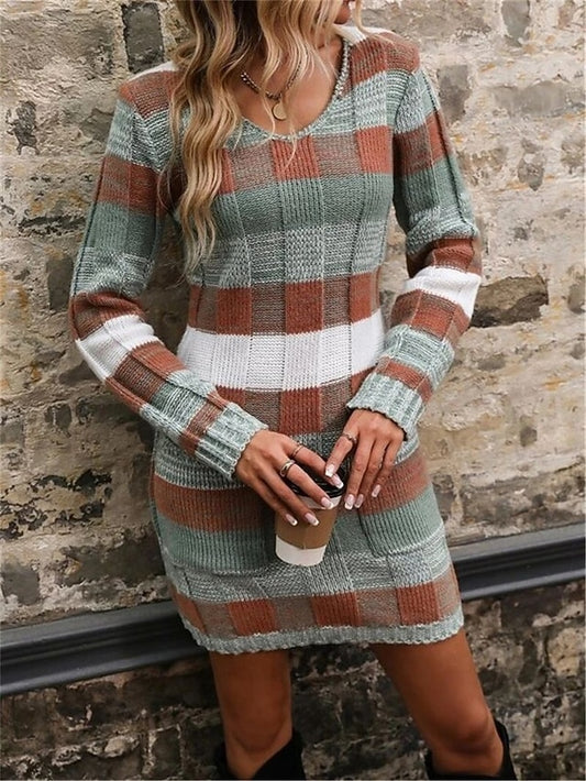 Women's Plaid V Neck Maxi Dress Long Sleeve Spring Fall