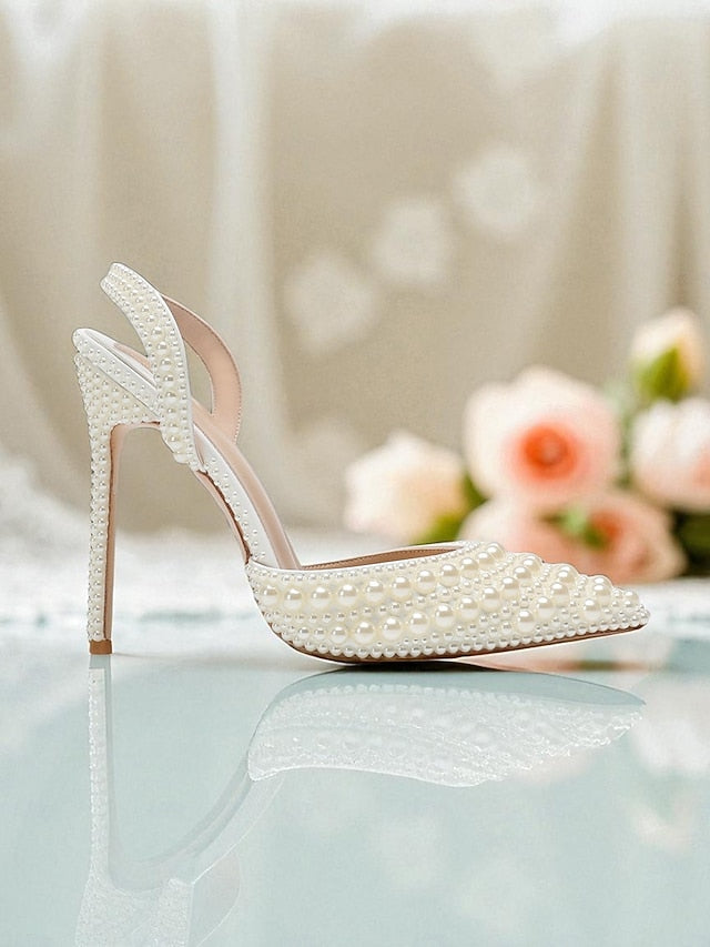 Pearl-Embellished Women's Leather Heels White - Slingback