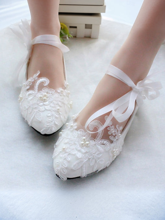 - Wedding Ties Lace White with Bridal Shoes Ribbon Elegant Flats
