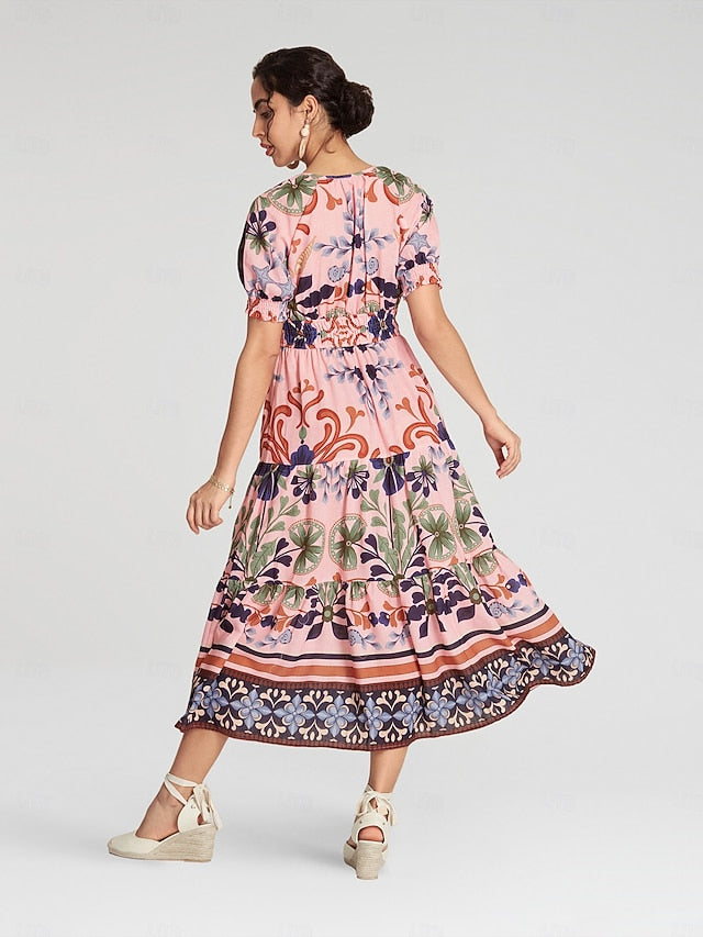 Floral Lace Up Elegant Short Sleeve Midi Dress