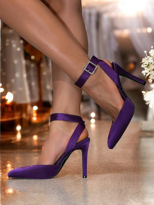 Strap Heels Women's Pointed Purple Ankle Toe – Satin