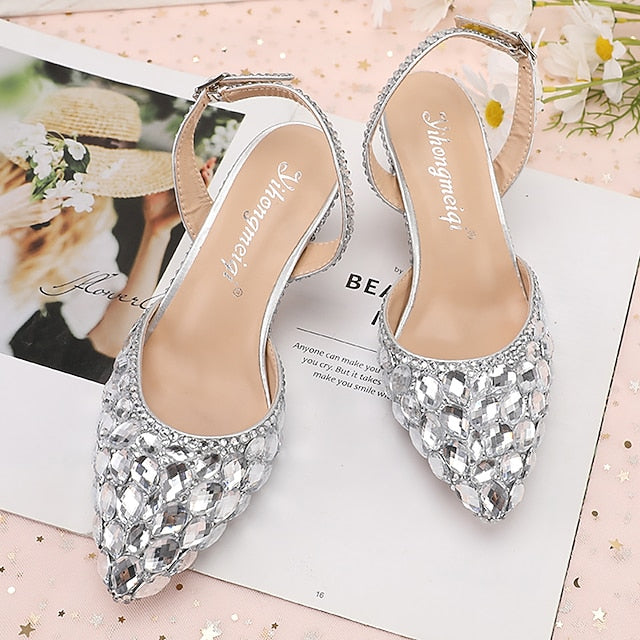 Heels Slingback Women's High Crystal Pointed-Toe Rhinestone