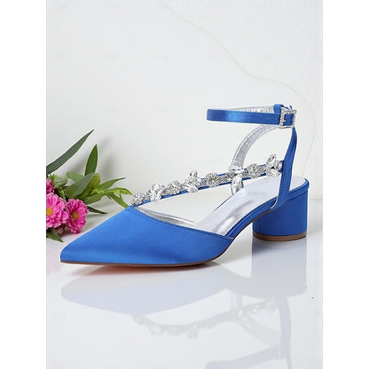 Heel Rhinestone Block Pumps Purple Women's with Satin