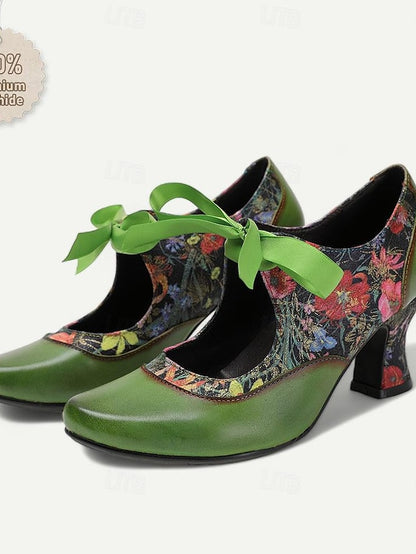 Mary Jane Green Heels Women's Print Floral Leather with