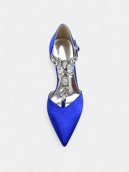 Blue – Satin Pointed Toe Heels Navy T-Strap Women's