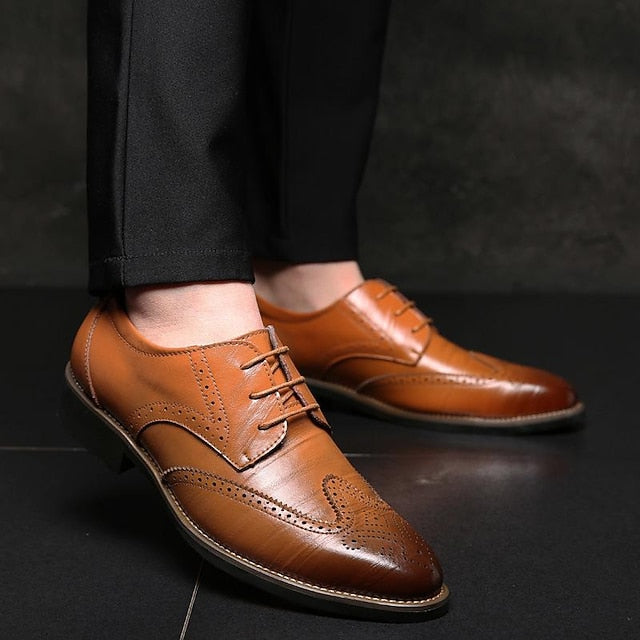 Leather Men's Oxford with Brogue Faux Blue Classic Shoes