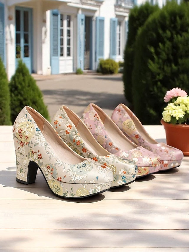 – Printed Platform Block Pumps - Floral Women's Heel