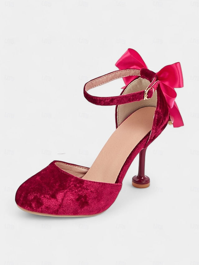 Women's with Burgundy Big Bow Jane Mary and Velvet Heels